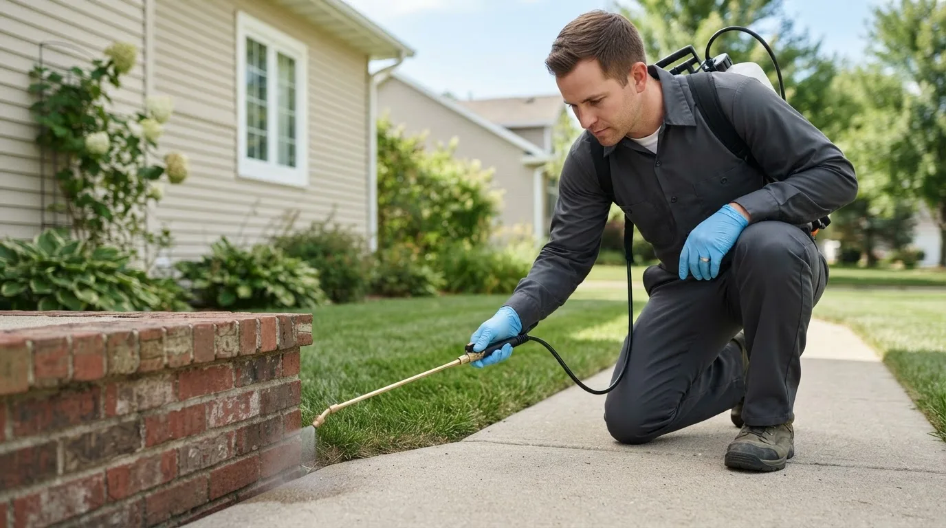 Pest control technician treating a home near Oldham, SD